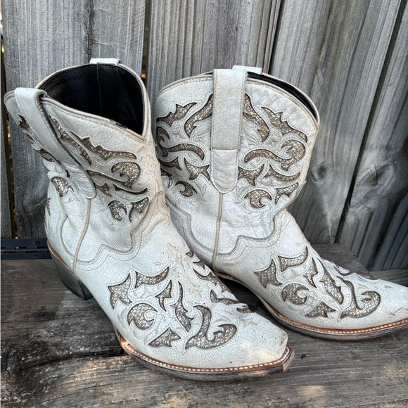 J.B. Dillon Reserve White & Glittery Inlay Cutout Leather Cowboy Booties, Sz 11 - Picture 1 of 8